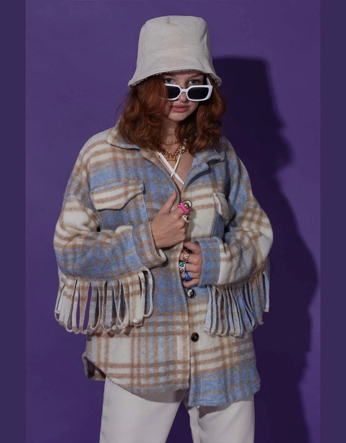 Short checkered fringe jacket