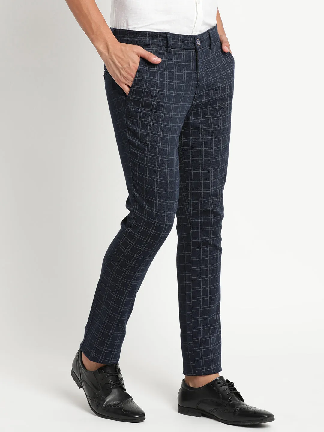 Turtle Men Navy Blue Narrow Fit Checked Casual Trousers