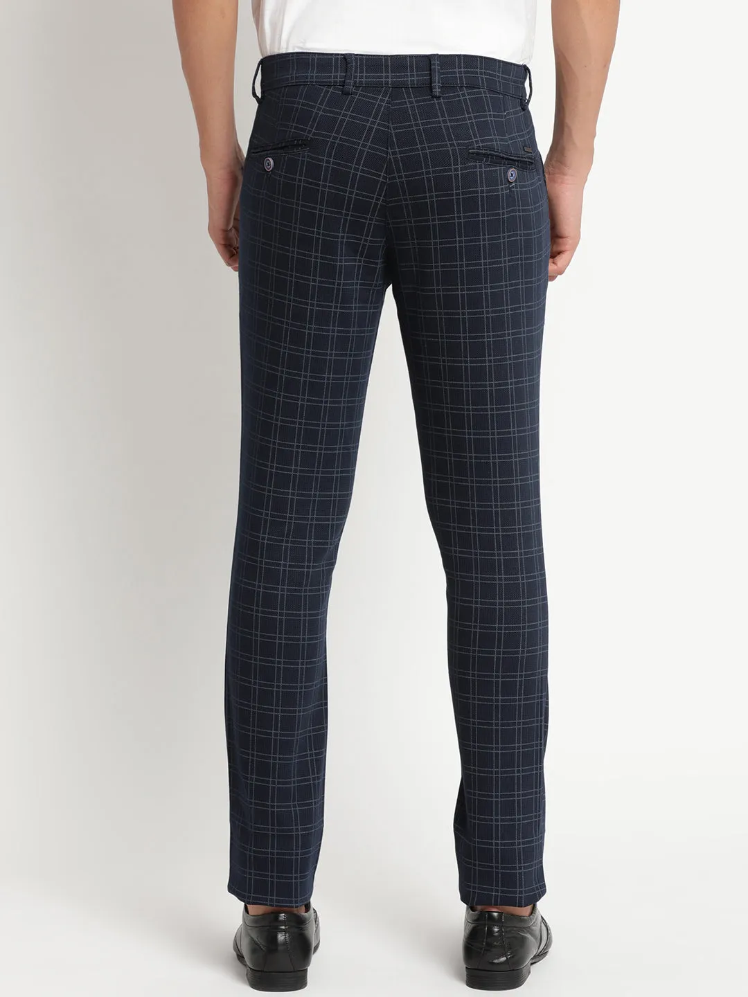 Turtle Men Navy Blue Narrow Fit Checked Casual Trousers