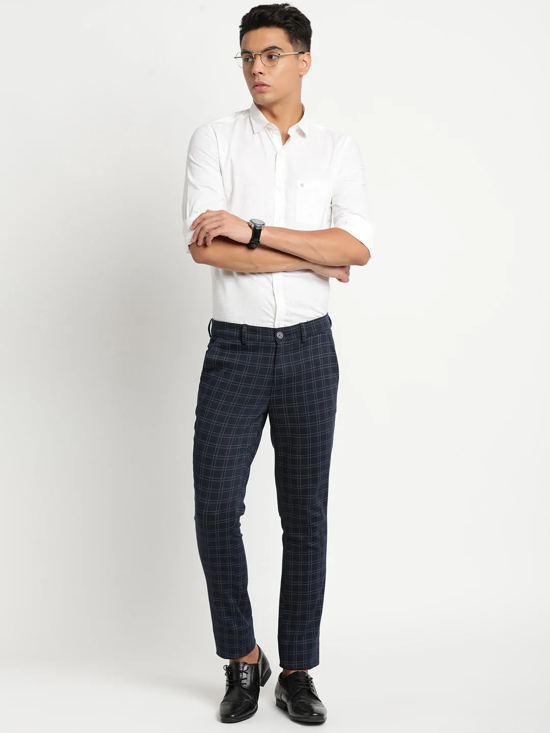 Turtle Men Navy Blue Narrow Fit Checked Casual Trousers