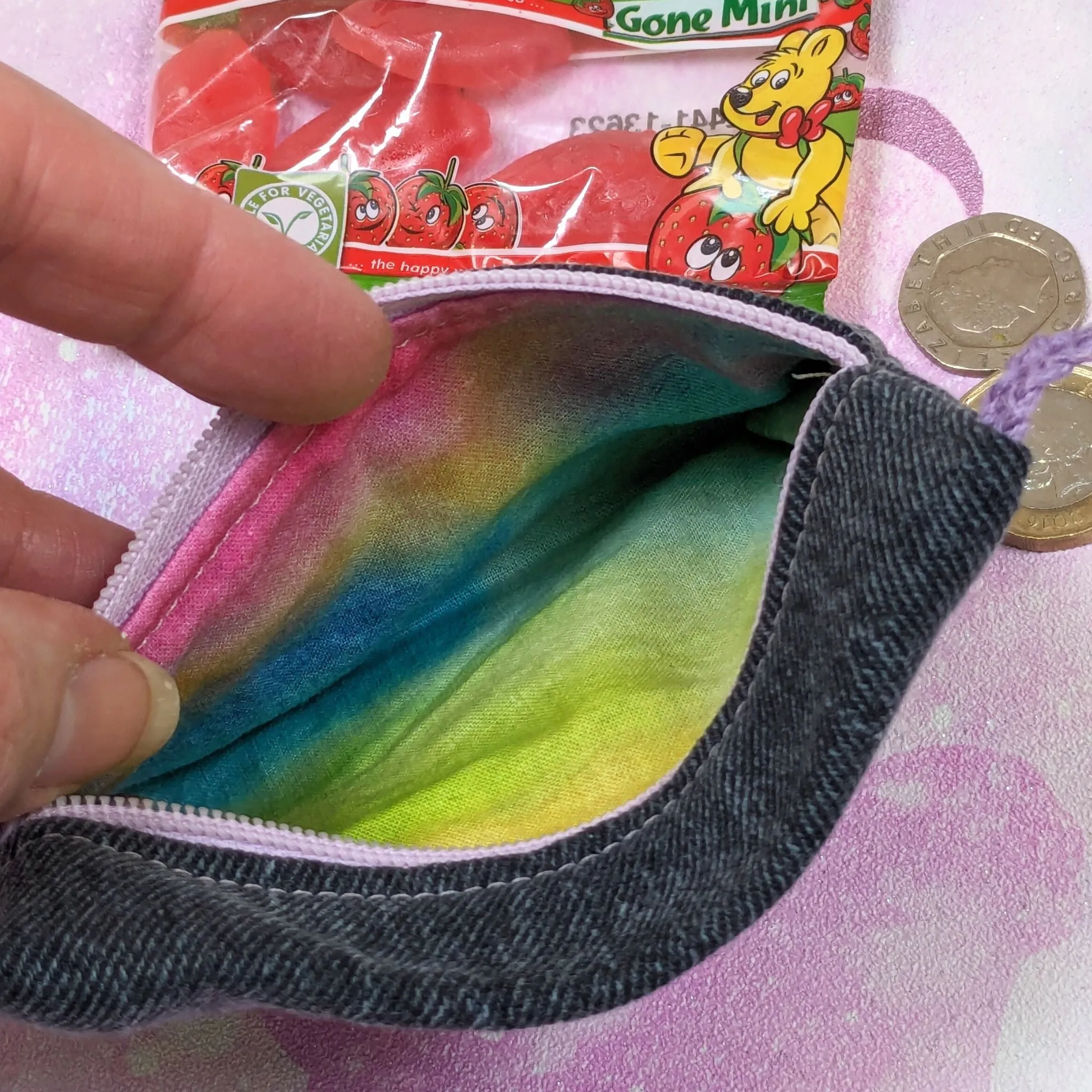 Upcycled Denim Coin Purse - Rainbow Lining
