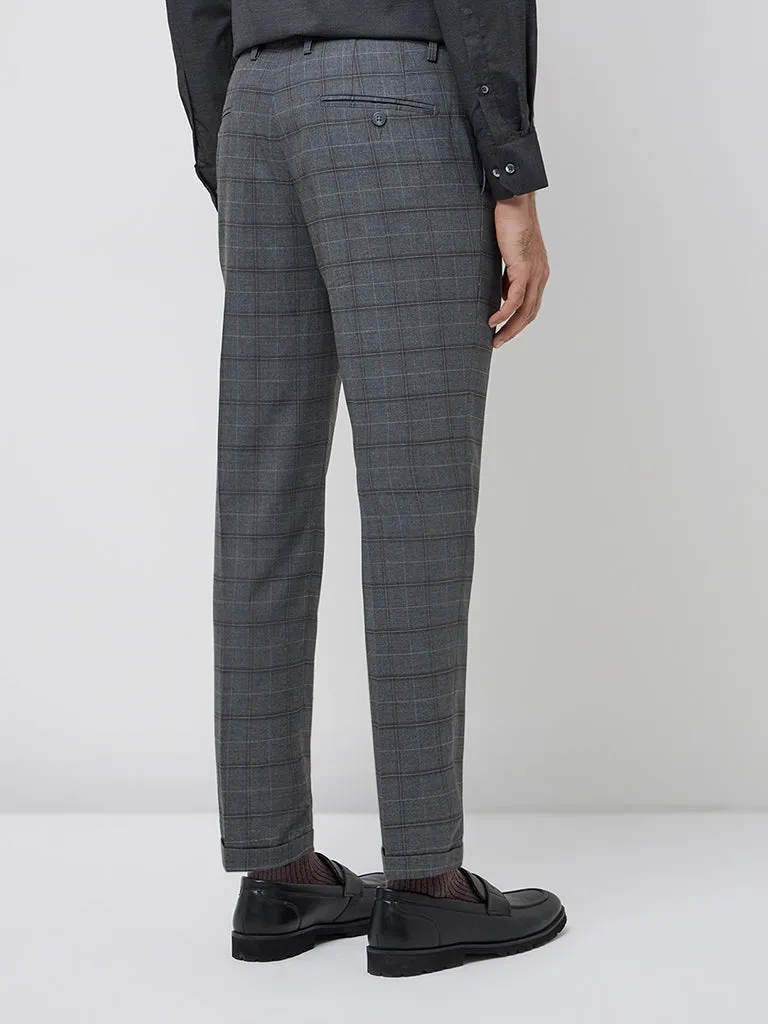 WES Formals Grey Checks Print Carrot-Fit Mid-Rise Trousers