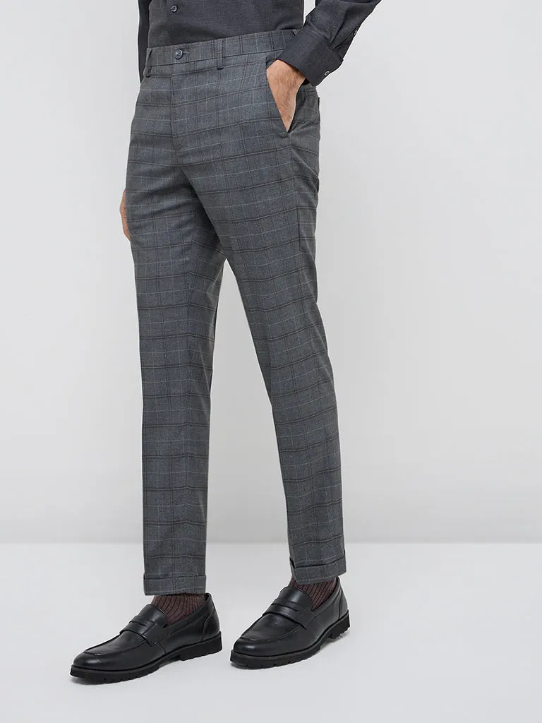 WES Formals Grey Checks Print Carrot-Fit Mid-Rise Trousers