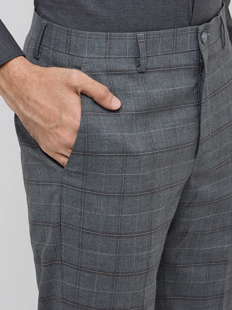 WES Formals Grey Checks Print Carrot-Fit Mid-Rise Trousers