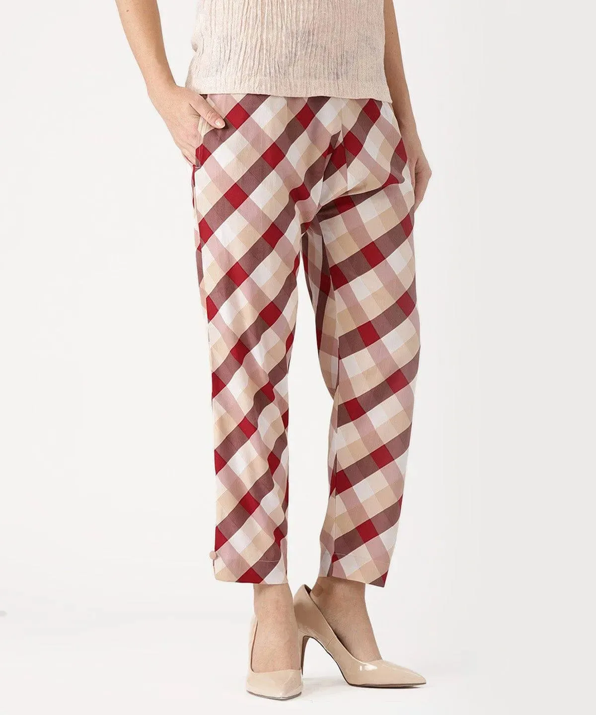 White Checkered Polyester Trousers