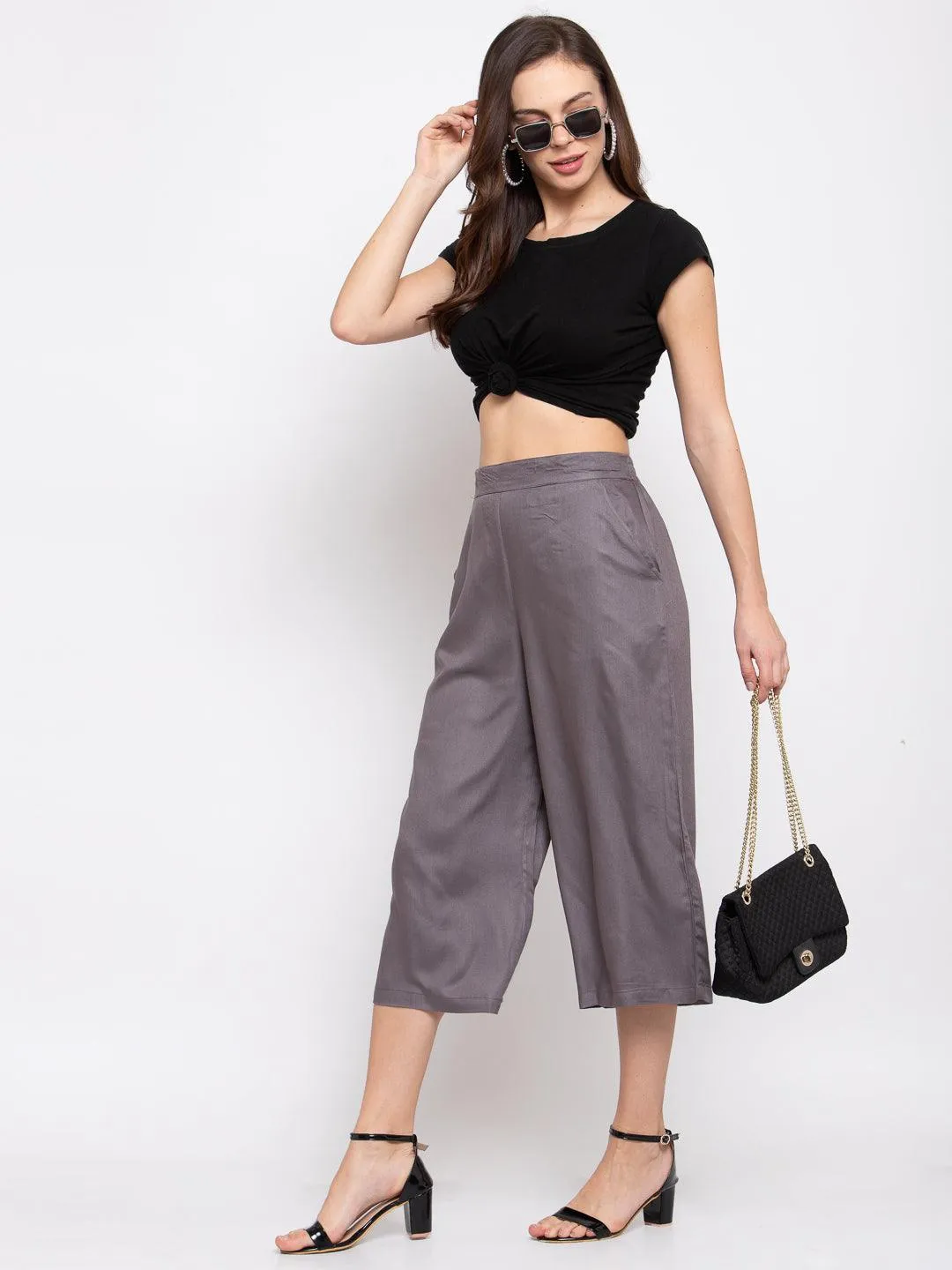 Women Grey Loose Fit Solid Culottes