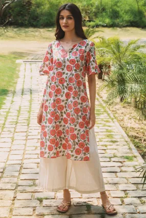 Zarna Red Floral Block Print Kurta and Culottes - Set