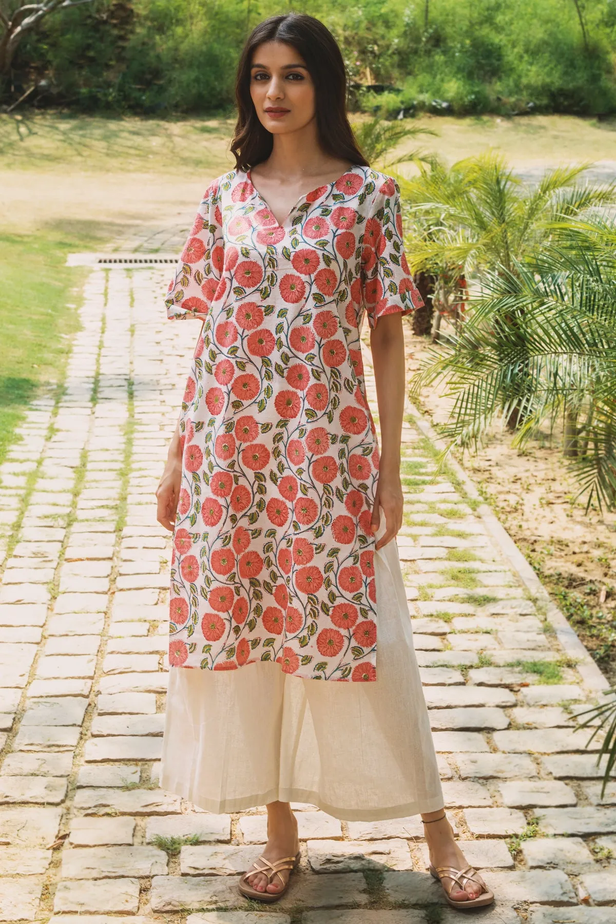Zarna Red Floral Block Print Kurta and Culottes - Set
