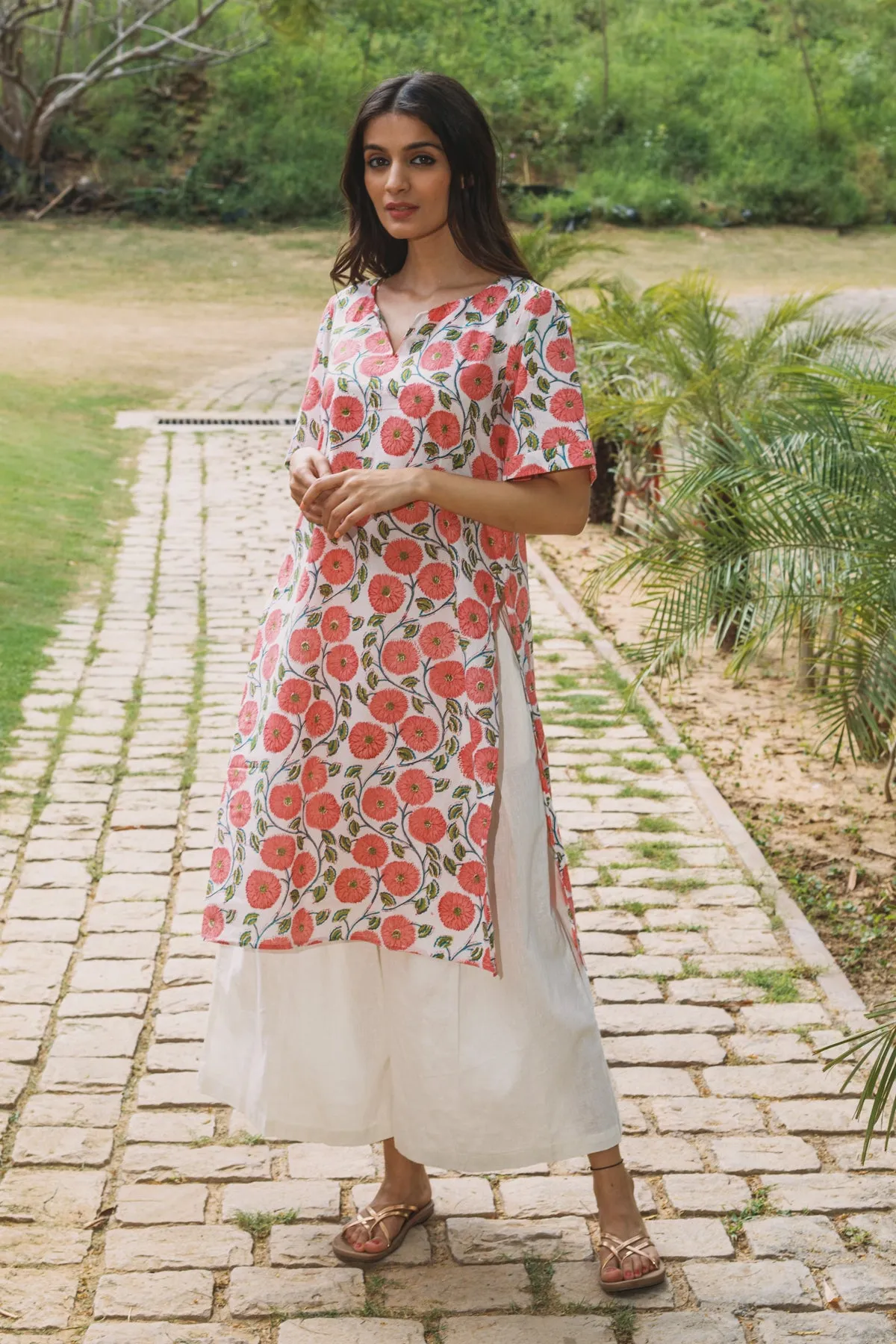 Zarna Red Floral Block Print Kurta and Culottes - Set
